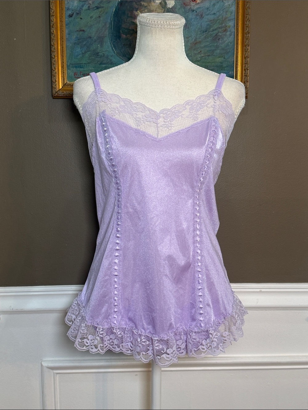 Vintage 1980s UndercoverWear Lavender Nylon Lace Cami Panty Set L